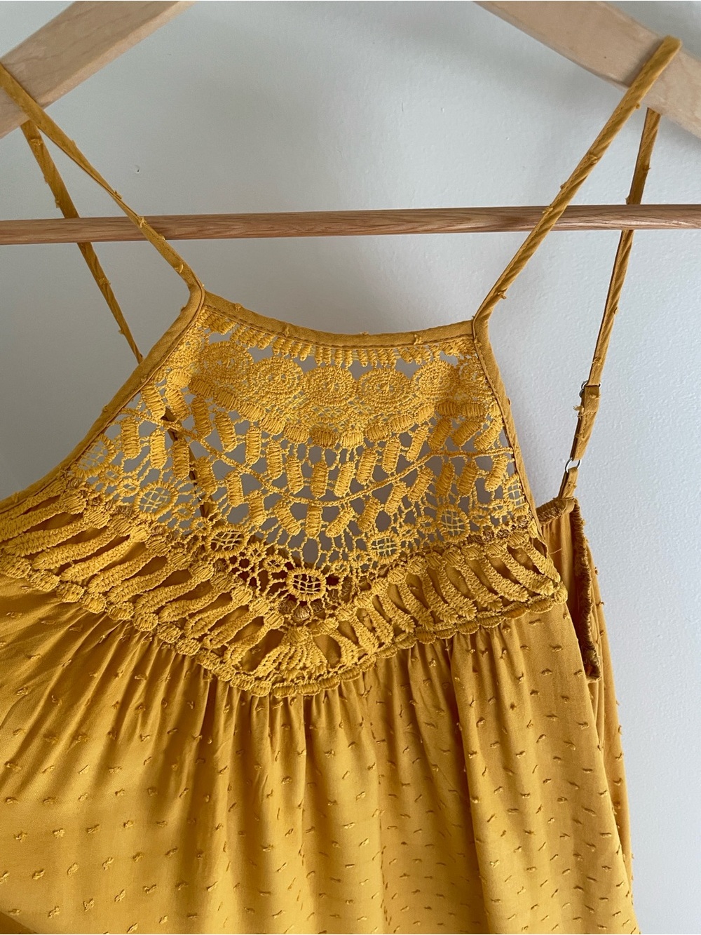 SHEIN Mustard Yellow Crochet Yoke Spaghetti Strap Dress